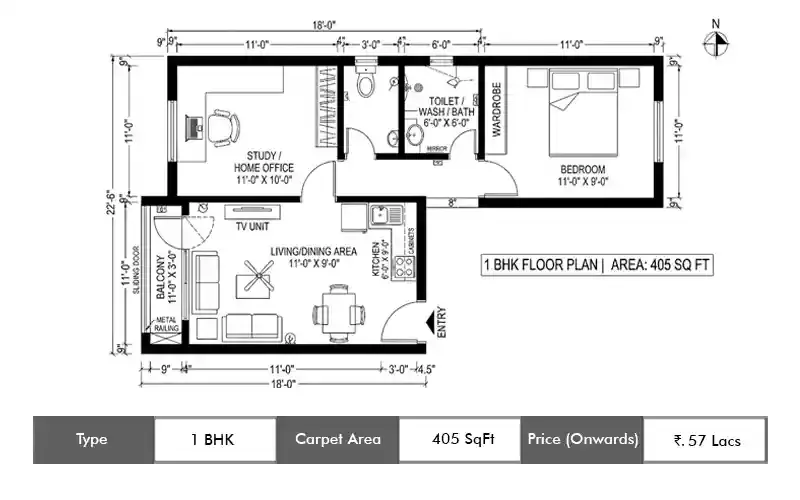 Squarefeet Green Square 1 BHK floor plan, 405 sq ft carpet area