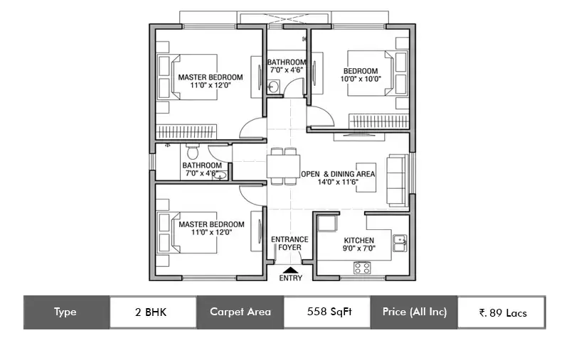 Squarefeet Green Square 2 BHK floor plan, 558 sq ft carpet area